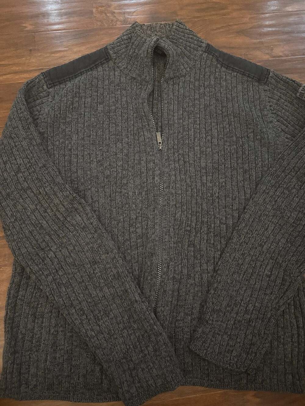 Calvin Klein Men's Gray Ribbed Full Zip Sweater with Shoulder Patches Size L